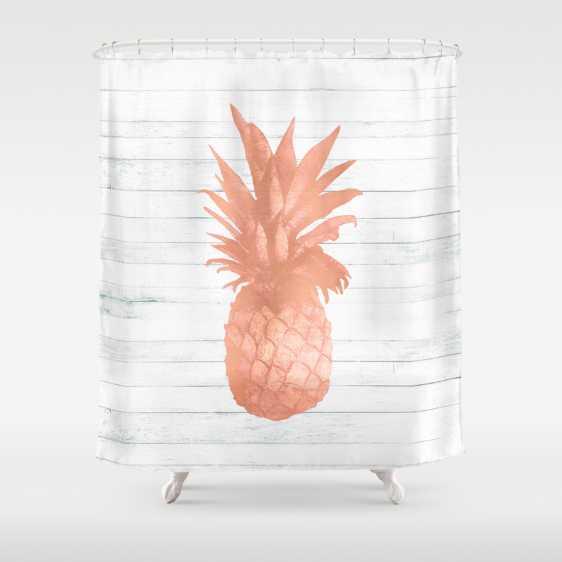 Rose Gold Pineapple On Wood Nautical Decor Shower Curtain By