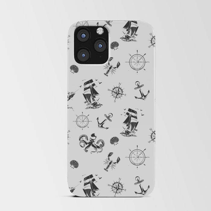 Dark Grey Silhouettes Of Vintage Nautical Pattern iPhone Card Case