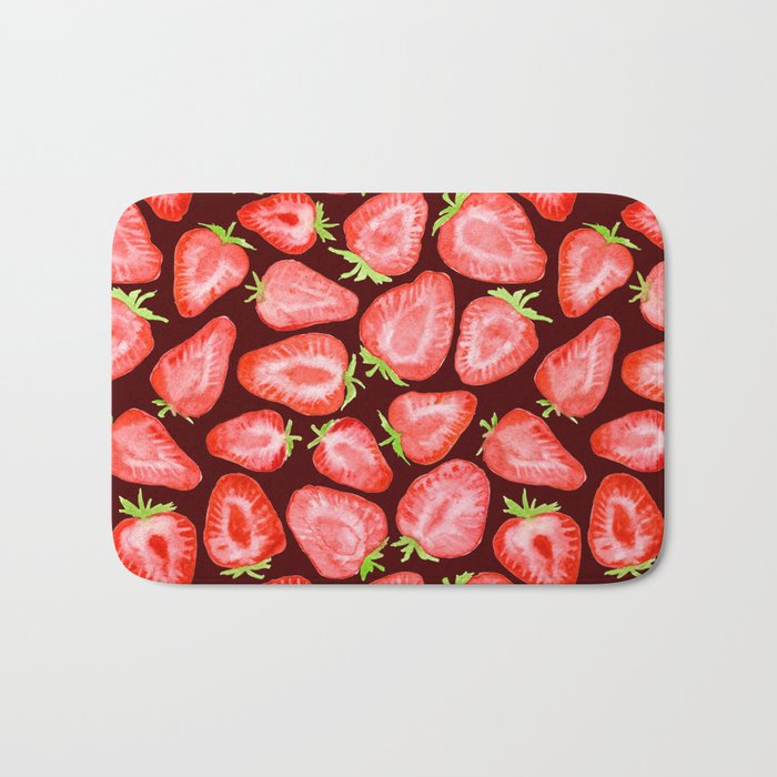Fresh strawberry slices watercolor dark bg Bath Mat