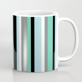 [ Thumbnail: Aquamarine, Black, Powder Blue, Mint Cream, and Gray Colored Pattern of Stripes Coffee Mug ]