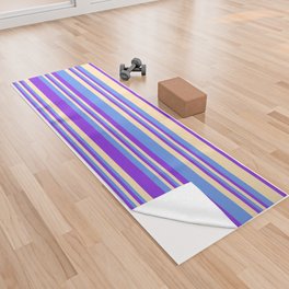 [ Thumbnail: Purple, Beige, and Cornflower Blue Colored Striped/Lined Pattern Yoga Towel ]