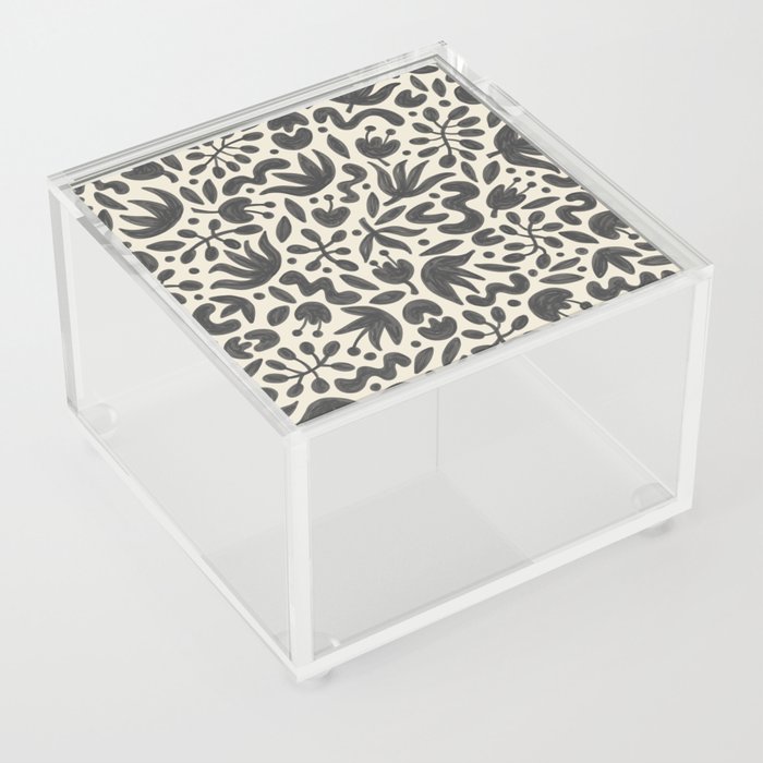 Spade Black Florals on Eggshell Background | Hand Painted Pattern Acrylic Box