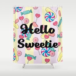 Hello Sweetie Candy & Heart Stripe Print Shower Curtain