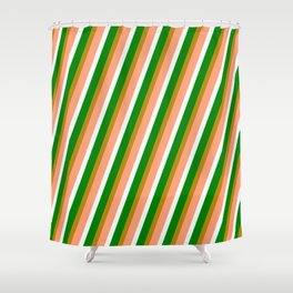 [ Thumbnail: Dark Goldenrod, Light Salmon, Mint Cream, and Green Colored Pattern of Stripes Shower Curtain ]