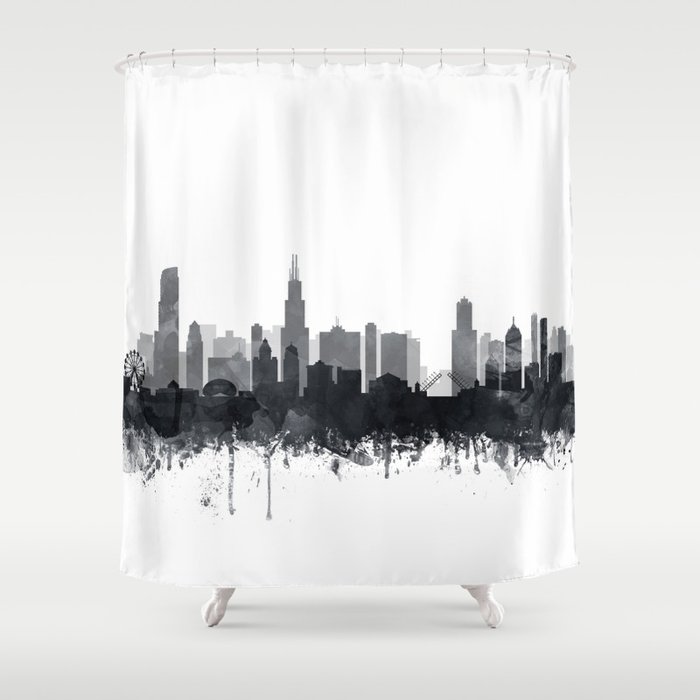 Chicago Skyline Watercolor Black & White by Zouzounio Art Shower Curtain