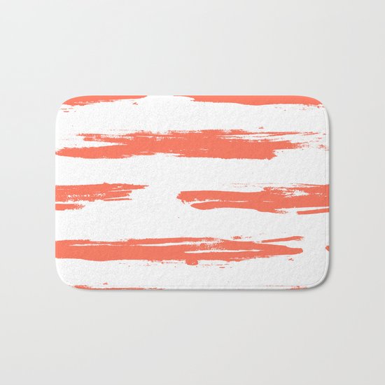Brushed Stripe Deep Coral on White Bath Mat