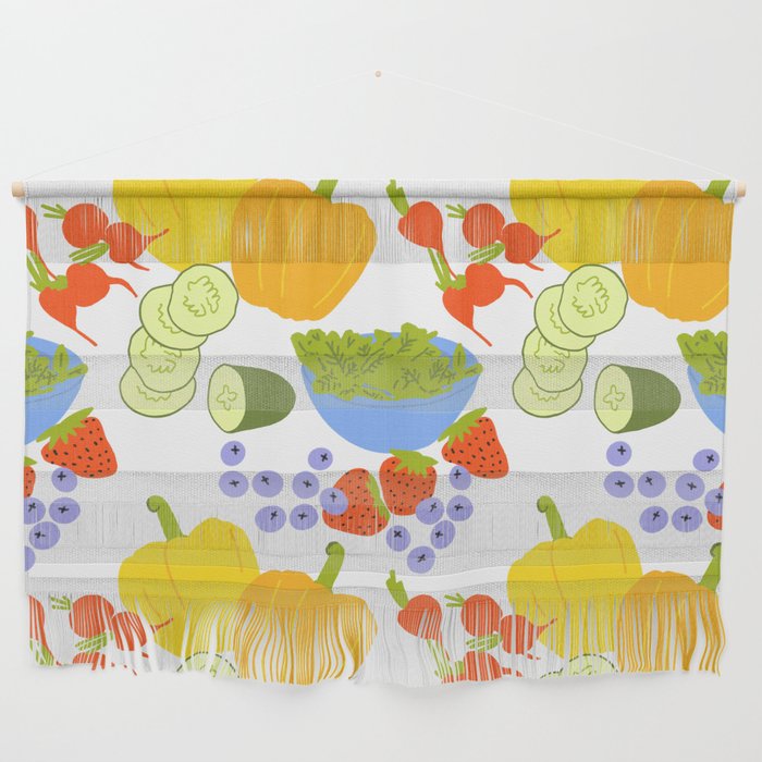 Retro Modern Summer Fruits and Vegetables White Wall Hanging