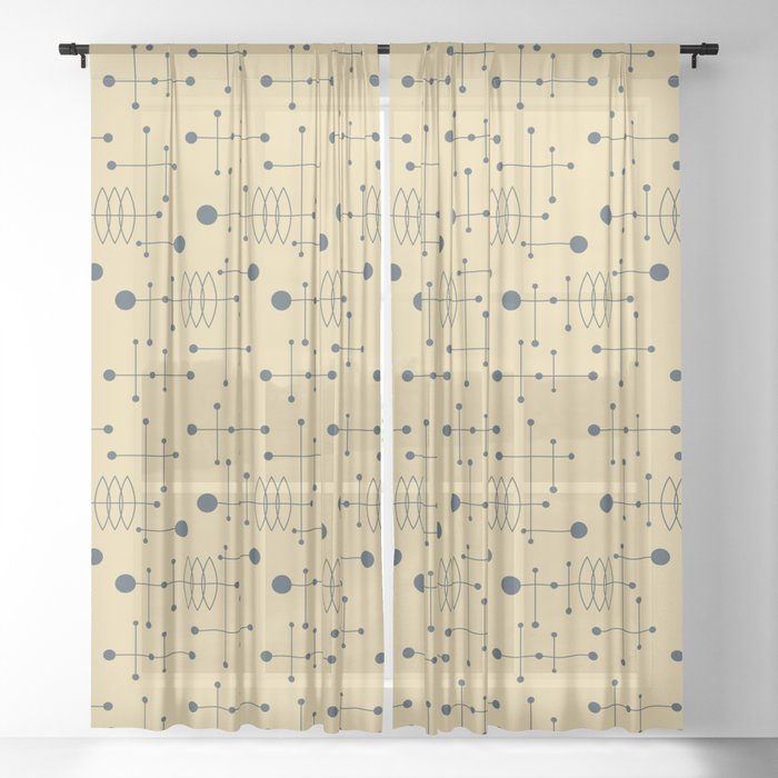 Mid Century Atomic Age Pattern Charcoal and Yellow Sheer Curtain