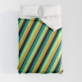 [ Thumbnail: Green, Goldenrod, Black, and Teal Colored Lined/Striped Pattern Comforter ]