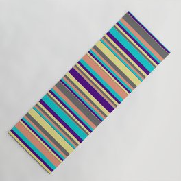[ Thumbnail: Vibrant Dark Salmon, Dim Gray, Tan, Indigo & Dark Turquoise Colored Lined Pattern Yoga Mat ]