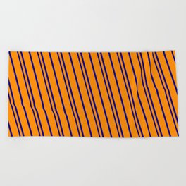[ Thumbnail: Dark Orange & Dark Blue Colored Pattern of Stripes Beach Towel ]