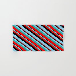 [ Thumbnail: Black, Sky Blue, Light Sea Green & Red Colored Lines/Stripes Pattern Hand & Bath Towel ]