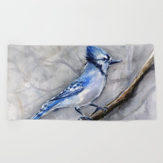Blue Jay Watercolor Bird Beach Towel
