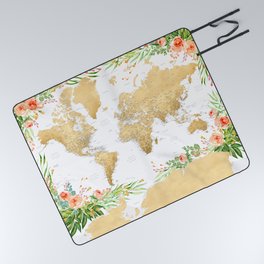 Floral bohemian world map with cities, Blythe Picnic Blanket