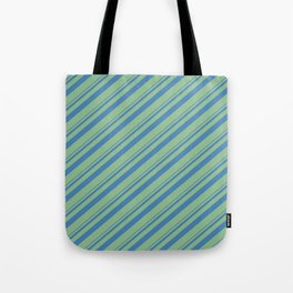 [ Thumbnail: Blue and Dark Sea Green Colored Lined/Striped Pattern Tote Bag ]