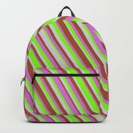 [ Thumbnail: Sienna, Orchid, Green & Light Gray Colored Stripes Pattern Backpack ]