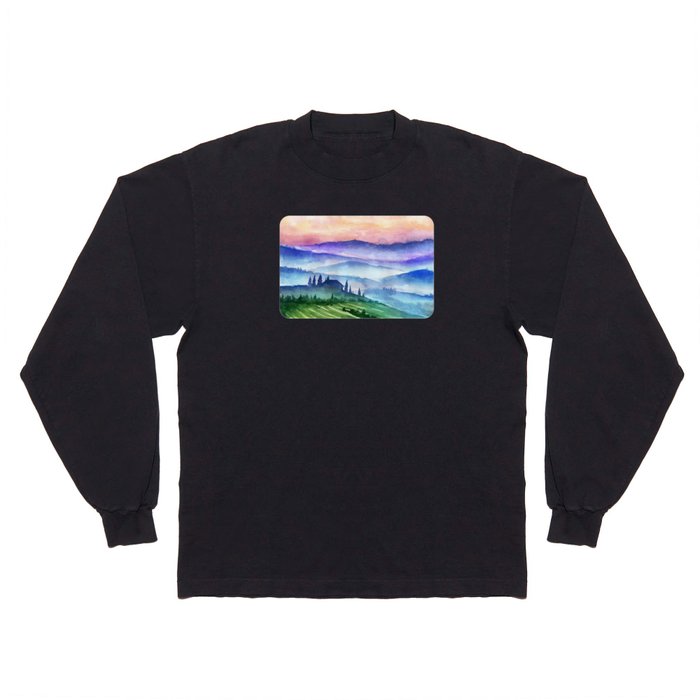 Hand-drawn Watercolor Tuscany Italy Mountains Long Sleeve T Shirt