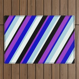 [ Thumbnail: Vibrant Dark Orchid, Blue, Light Blue, Mint Cream, and Black Colored Striped Pattern Outdoor Rug ]