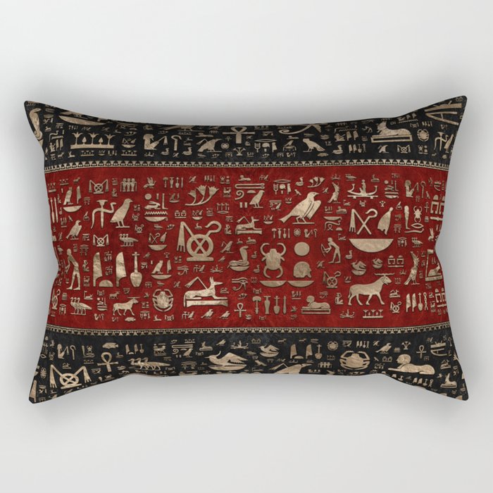 Ancient Egyptian hieroglyphs - Black and Red Leather and gold Rectangular Pillow