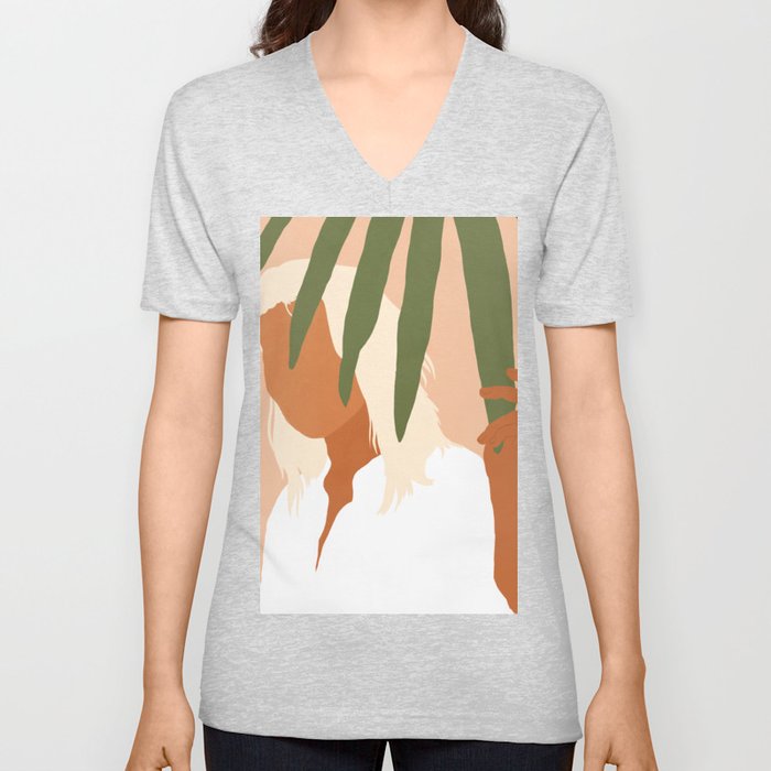 Musafir | Traveler Feminism Woman of Color in White Shirt | Palm Tropical Minimal Bohemian Fashion  V Neck T Shirt