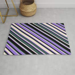 [ Thumbnail: Dark Slate Gray, Beige, Purple & Black Colored Lined Pattern Rug ]