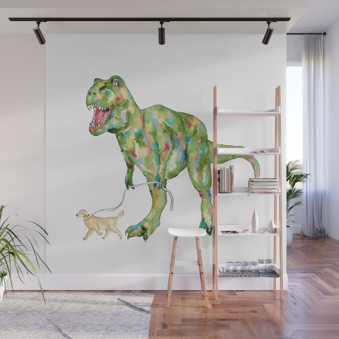 T-rex dinosaur walking dog painting Wall Mural