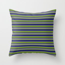 [ Thumbnail: Midnight Blue, Grey & Green Colored Lines/Stripes Pattern Throw Pillow ]