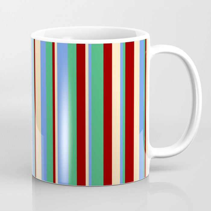 Beige, Cornflower Blue, Sea Green, and Dark Red Colored Lines/Stripes Pattern Coffee Mug