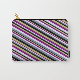 [ Thumbnail: Eye-catching Dark Khaki, Purple, Lavender, Slate Gray, and Black Colored Lined/Striped Pattern Carry-All Pouch ]