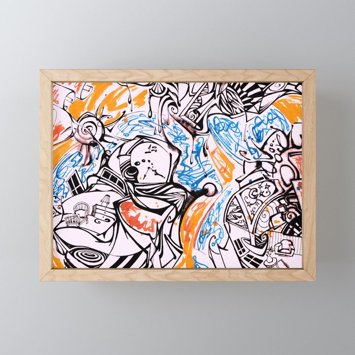 Chaotic Inky Doodle Orange and Blue Framed Mini Art Print