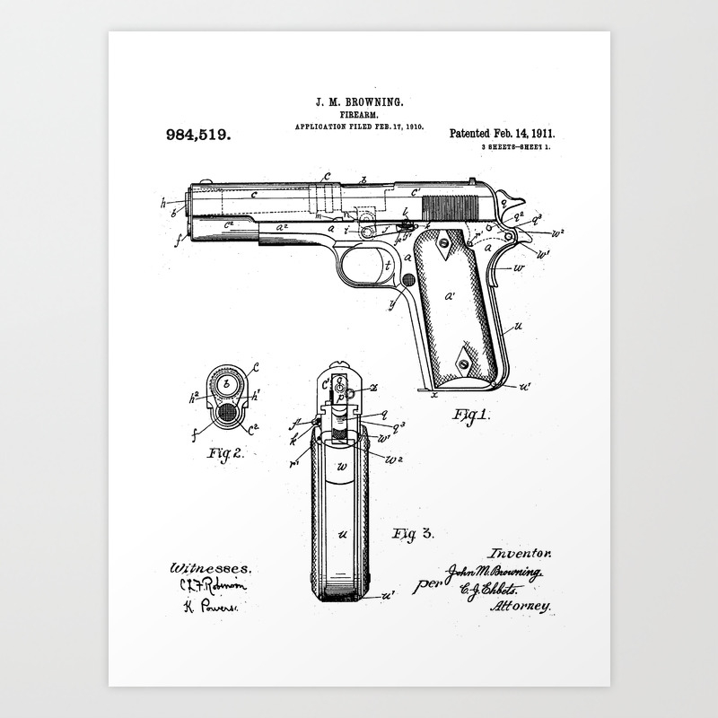 Colt Pistol Patent Browning 1911 Colt Art Black And White Art Print By Patentpress Society6