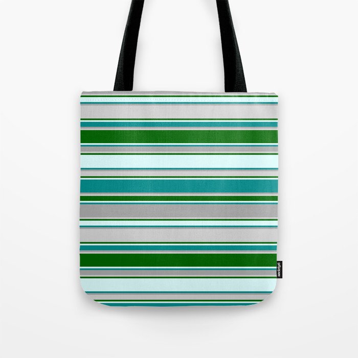 Vibrant Light Cyan, Dark Cyan, Dark Grey, Light Grey, and Dark Green Colored Stripes Pattern Tote Bag