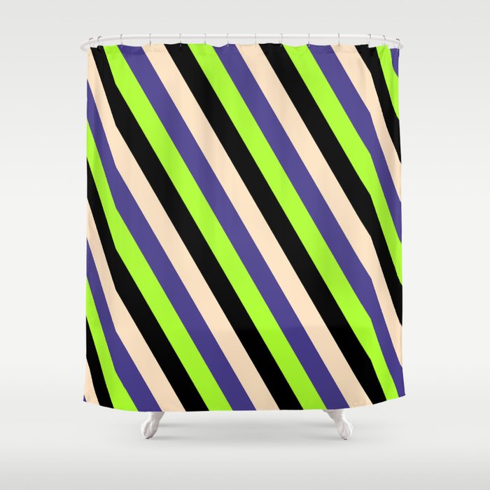 Bisque, Dark Slate Blue, Light Green & Black Colored Striped Pattern Shower Curtain