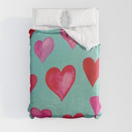 Romantic Watercolor Hearts - Pink -Turqouise Duvet Cover