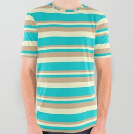 [ Thumbnail: Tan, Light Yellow, and Dark Turquoise Colored Lined Pattern All Over Graphic Tee ]