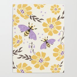 Honey Bees and Flowers - Yellow and Lavender Purple Poster