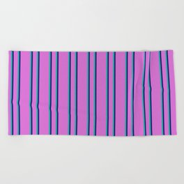 [ Thumbnail: Orchid, Midnight Blue, and Light Sea Green Colored Striped Pattern Beach Towel ]