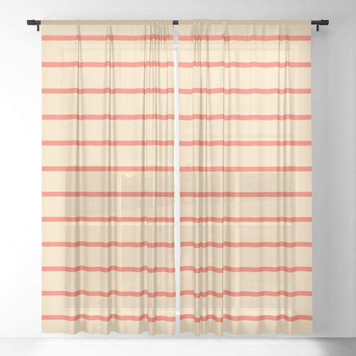Red and Beige Colored Lined/Striped Pattern Sheer Curtain