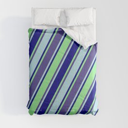 [ Thumbnail: Dark Slate Blue, Powder Blue, Blue, and Light Green Colored Pattern of Stripes Comforter ]