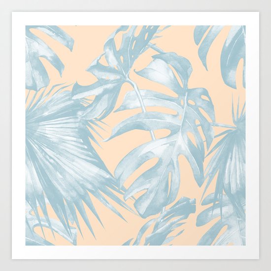 Tropical Plants Blue on Peach Coral Art Print