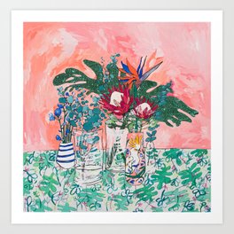 Cockatoo Vase - Bouquet of Flowers on Coral and Jungle Art Print