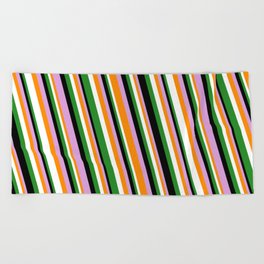 [ Thumbnail: Eye-catching Forest Green, Black, Plum, Dark Orange, and White Colored Striped Pattern Beach Towel ]
