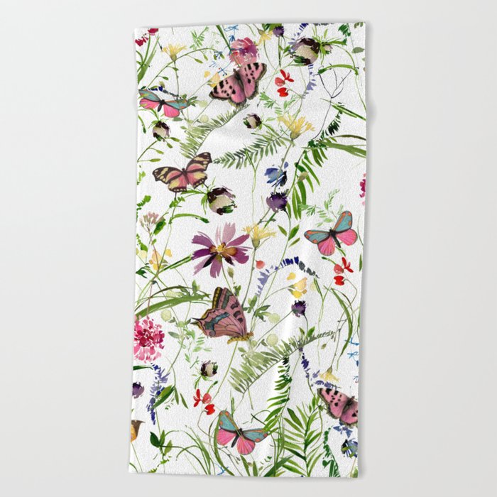 Watercolor Midsummer Wildflowers And Insectes Meadow Beach Towel