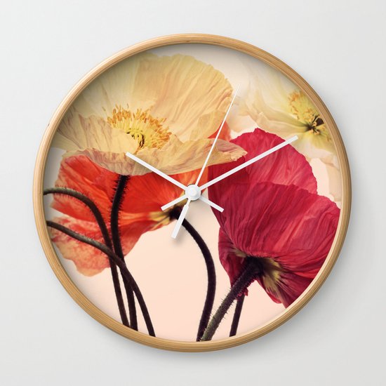 Posing Poppies - bright, vintage toned poppy still life Wall Clock