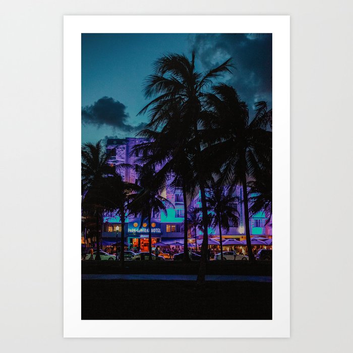 Miami By Night, Palm Trees USA, art deco style  | Neon light | Fine Art Travel Photography Art Print