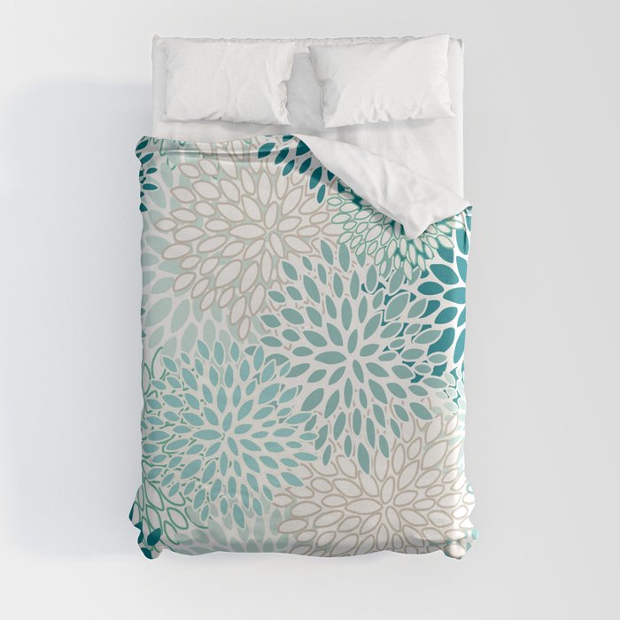 Floral Blooms in Teal, Aqua, Turquoise Duvet Cover