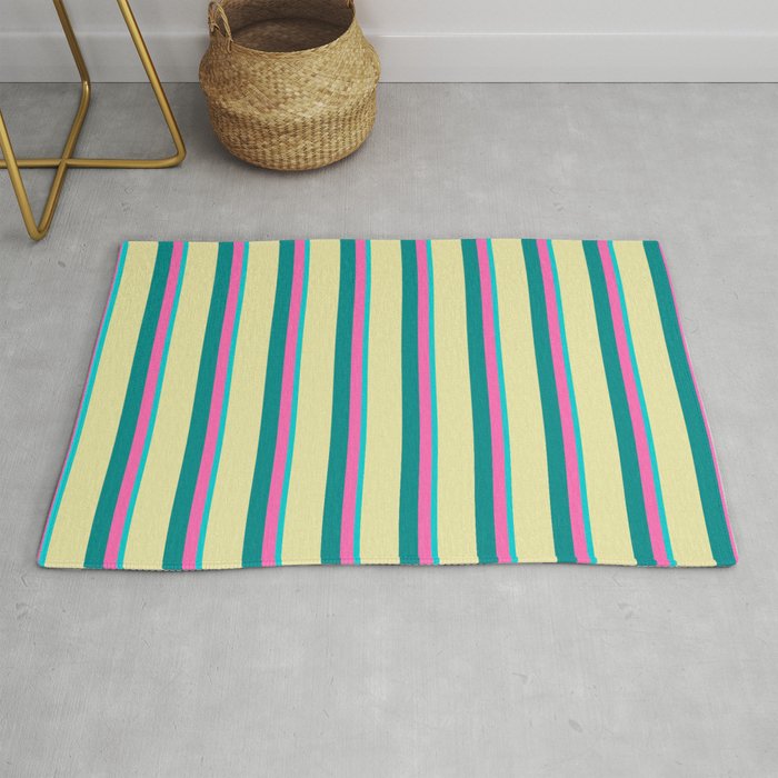 Dark Turquoise, Hot Pink, Dark Cyan & Pale Goldenrod Colored Lined Pattern Rug