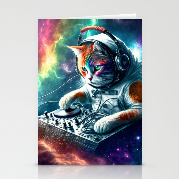 Astronaut Cat DJ in Colorful Galaxy Stationery Cards