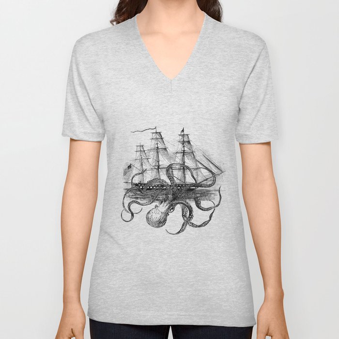Octopus Attacks Ship on White Background Unisex V-Ausschnitt Octopus Attacks Ship on White Background Unisex V-Ausschnitt