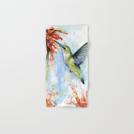 Hummingbird Red Flower Watercolor Bird Hand & Bath Towel